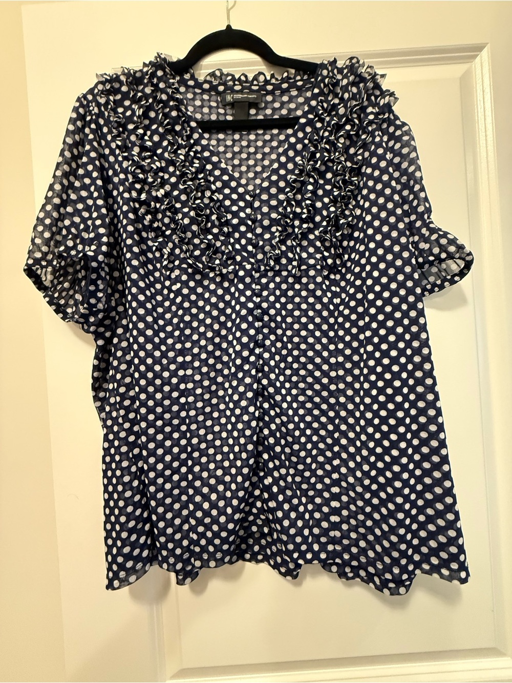 INC International Concepts Navy Polka Dot Ruffle Neck Blouse